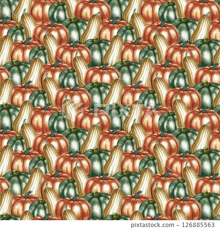 Seamless pattern with green, yellow, orange and green pumpkins. Handmade watercolor illustration. Color image. For packaging, decor, textiles, printing, wrapping paper, wallpaper and more. 126885563