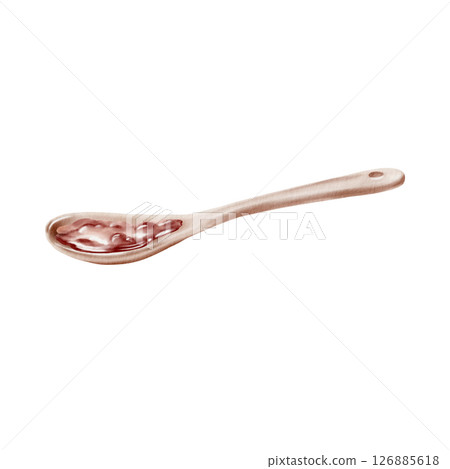 Ceramic dessert spoon peach minimalist watercolor painting with red jam, isolated on white. Handmade tableware art with warm pastel tones, perfect for packaging, branding or kitchen decor 126885618