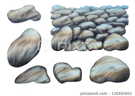 Seabed of underwater stones and separate rocks in brown-gray tones with soft textures, isolated on white background. Watercolor template for seamless borders, seascapes, backgrounds, game design 126885663