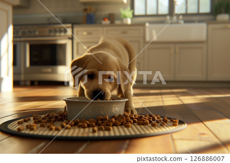 Adorable puppy enjoying meal from a bowls on a bright room background 126886007