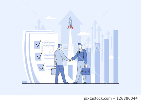 Businessmen shaking hands after signing contract, startup concept, business idea development, project management. Flat vector illustration, business banner. 126886044