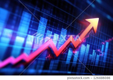 Red arrow rising on digital bar chart with blurred blue bokeh lights in background. Concept of economic growth, finance, analytics, success and positive trend in data statistics. Copy space. Banner Red arrow rising on digital bar chart with blurred blue bokeh lights in background. Concept of economic growth, finance, analytics, success and positive trend in data statistics. Copy space. Banner 126886086