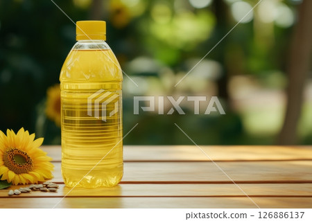 Plastic bottle of sunflower oil with raw seeds and a fresh yellow sunflower on wooden surface. Bright natural setting, ideal for food packaging, organic product ads, or healthy cooking visuals 126886137