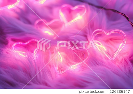 Glowing pink heart-shaped neon lights on soft purple faux fur background. Romantic and cozy vibe perfect for Valentine's Day designs, social media posts, or girly lifestyle content. Copy space 126886147