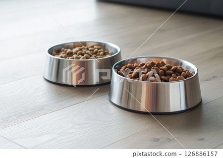 Close-up of two shiny stainless steel bowls filled with dry pet food on rustic wooden table. Minimalist composition. Natural light reflections. Ideal for advertising premium pet nutrition. Banner 126886157