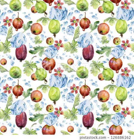 Gooseberry Currant berries flying in water splash with ice cubes dew drops flowers leaves, ripe garden juneberry casseille hand drawn in watercolor. Isolated seamless pattern. Craft drinks, grocery Gooseberry Currant berries flying in water splash with ice cubes dew drops flowers leaves, ripe garden juneberry casseille hand drawn in watercolor. Isolated seamless pattern. Craft drinks, grocery 126886162