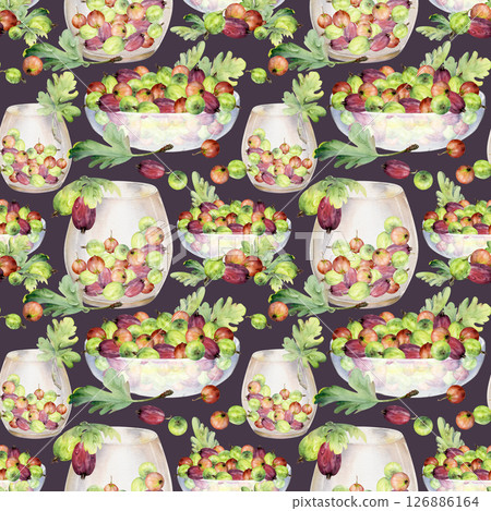 Gooseberry Currant berry leaves in glass bowls, served ripe picked harvest. Seamless pattern isolated on dark. Hand drawn in watercolor. Wrapping paper, gift packaging, scrapbooking decoupage backdrop 126886164