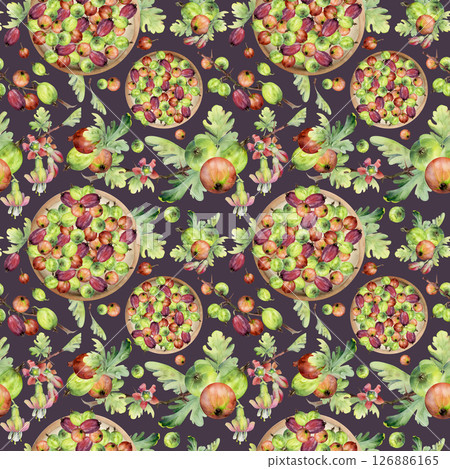 Gooseberry Currant on ceramic dish, scattered huckleberry berries leaves hand drawn in watercolor, ripe picked harvest. Seamless pattern isolated on dark. Cafe menu, cookbook, farmers market grocery 126886165