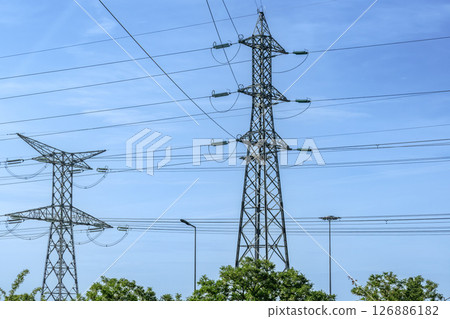 Electricity pylon and nature, real life photo 126886182