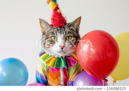 Adorable and playful fluffy cat dressed as a clown with colorful balloons 126886225