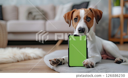 Adorable dog holding phone with green screen in scenic home setting 126886230