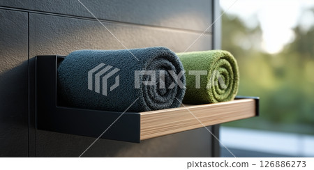 Modern bathroom shelf with two neatly rolled towels (dark blue and green) inside a sleek, minimalist bamboo and black rectangular holder. 126886273