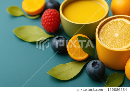 Bowl of fruit with a cup of orange juice Bowl of fruit with a cup of orange juice 126886384