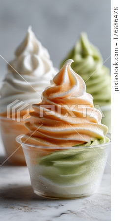 Three colorful swirl soft serve desserts in transparent cups, arranged in a diagonal line on a light marble surface. 126886478