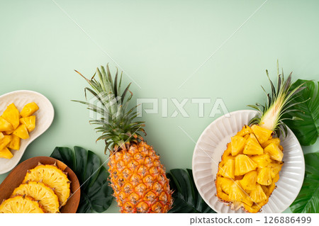 pineapple tropical leaves bowl cut slices pineapple chucks bowl パイナップル 126886499
