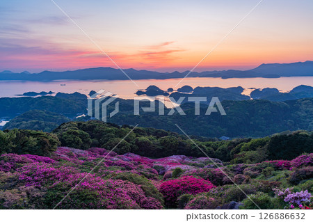 (Nagasaki Prefecture) Nagakushiyama Park: The setting sun of the Kita-Kujukushima Islands beyond the azaleas in full bloom 126886632