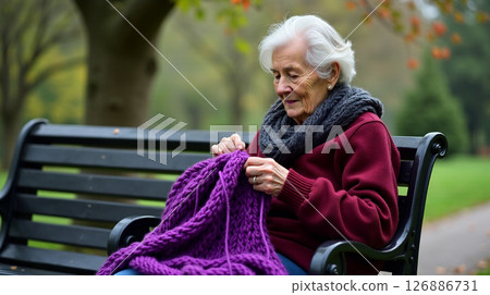 An elderly woman sits comfortably on a black and white bench in a peaceful park, happily knitting with vibrant purple yarn. The serene atmosphere adds to her quiet enjoyment. 126886731