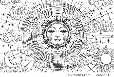 Mystical astrological coloring book for adults moon with face, linear hand drawing of universe, vector esoteric poster of zodiac, horoscope, tarot. Mystical astrological coloring book for adults moon with face, linear hand drawing of universe, vector esoteric poster of zodiac, horoscope, tarot. 126886812