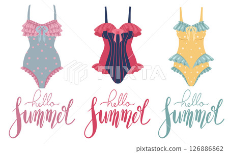 Hello summer. Vector set of retro swimsuit clip art and lettering quotes. Vacation and resort. 126886862