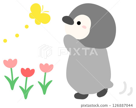 Illustration of flowers, butterflies and penguins playing in the garden 126887044