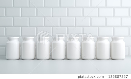 Row of White Jars on a Clean Kitchen Shelf 126887237