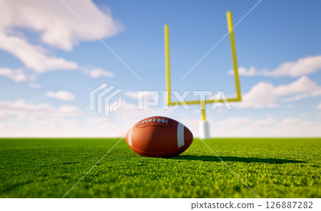 Rugby ball with rugby posts on field 126887282