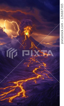 Massive volcanic eruption with lava flowing 126887385