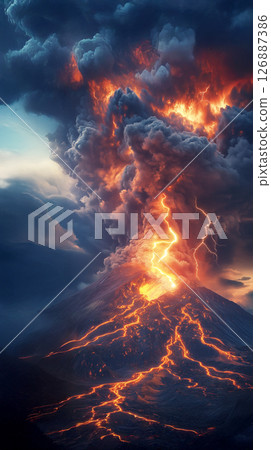Massive volcanic eruption with lava flowing 126887386