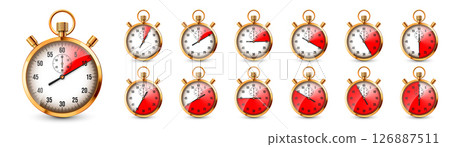 Realistic classic stopwatch. Shiny golden metal chronometer, time counter with dial. Red countdown timer showing minutes and seconds. Time measurement for sport, start, finish. Vector illustration Realistic classic stopwatch. Shiny golden metal chronometer, time counter with dial. Red countdown timer showing minutes and seconds. Time measurement for sport, start, finish. Vector illustration 126887511