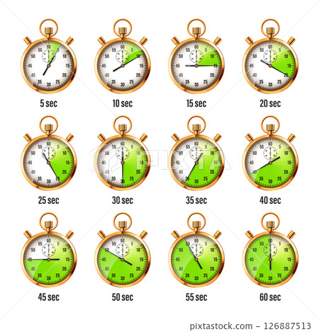 Realistic classic stopwatch. Shiny golden metal chronometer, time counter with dial. Green countdown timer showing minutes and seconds. Time measurement for sport, start, finish. Vector illustration 126887513