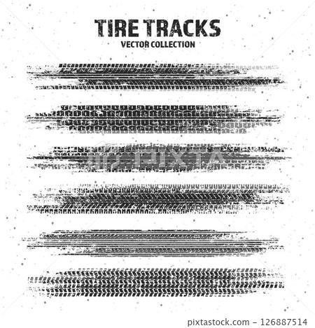 Grunge tire tracks with mud splatters, dirty wheel braking marks. Truck, car, or motorcycle tread pattern silhouettes. Perfect for off-road, motorsport, and racing designs. Vector illustration 126887514