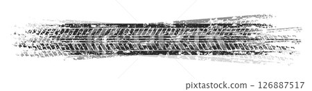 Grunge tire tracks with mud splatters, dirty wheel braking marks. Truck, car, or motorcycle tread pattern silhouettes. Perfect for off-road, motorsport, and racing designs. Vector illustration 126887517