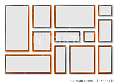 Realistic blank wooden picture frames collection. Modern poster mockup for artwork, photography, or advertising. Perfect for art galleries, interior decor, and branding. Vector illustration 126887519