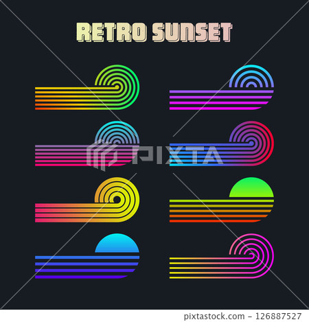 Vintage colorful sunset. Various gradient striped sunrise badges in 80s and 90s style. Sun and ocean view, summer vibes, surfing. Design element for print, logo or t-shirt. Vector illustration Vintage colorful sunset. Various gradient striped sunrise badges in 80s and 90s style. Sun and ocean view, summer vibes, surfing. Design element for print, logo or t-shirt. Vector illustration 126887527