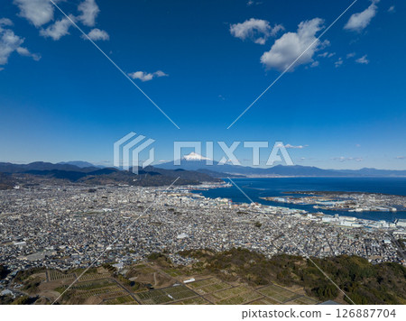 Aerial view of Shimizu city, Shizuoka prefecture and Mount Fuji Aerial view of Shimizu city, Shizuoka prefecture and Mount Fuji 126887704