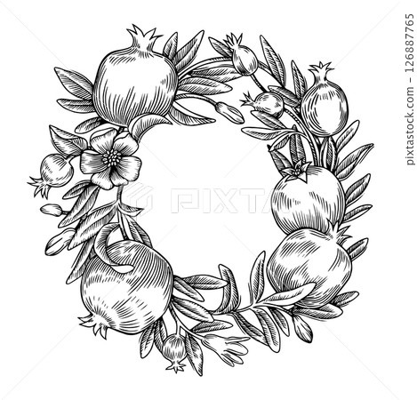Wreath of pomegranate fruits and leaves. Vector illustration in sketch style, engraving. Wreath of pomegranate fruits and leaves. Vector illustration in sketch style, engraving. 126887765
