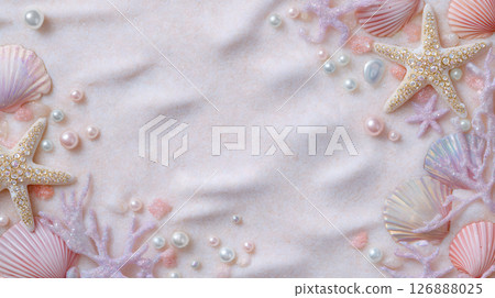 美人魚風格的背景，配有閃閃發光的海星和貝殼 126888025