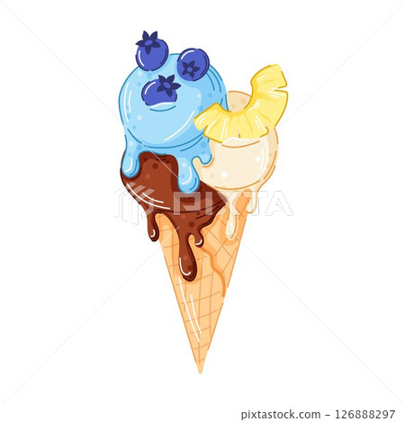 Ice cream cone with vanilla, mint and chocolate scoop in cartoon style. Blueberry and pineapple slice on top in waffle cone. Perfect for cafe menu, summer packaging graphic design. Ice cream cone with vanilla, mint and chocolate scoop in cartoon style. Blueberry and pineapple slice on top in waffle cone. Perfect for cafe menu, summer packaging graphic design. 126888297