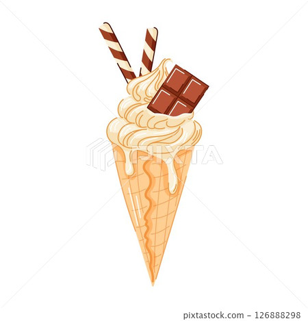 Vanilla ice cream cone with swirled creamy texture with chocolate bar and wafer sticks in cartoon style. Refreshing summer dessert perfect for sweet theme, fruit concept and colorful food illustration 126888298