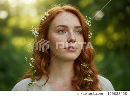 Redhead woman with freckles, adorned with small white flowers, enjoying serene natural light 126888468
