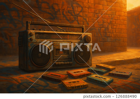 A radio cassette player and cassette tapes on a street corner at dusk 126888490