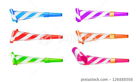 Color Party Blower Whistles Set of Celebration Happy Party. Realistic Detailed 3d. Vector Color Party Blower Whistles Set of Celebration Happy Party. Realistic Detailed 3d. Vector 126888508