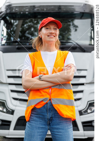 Portrait young adult happy smiling woman heavy truck driver modern cargo vehicle cabin background. Female person girl professional job career working driving freight engine lorry. Logistics industry 126888528