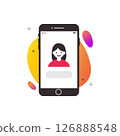 Flat design illustration of a smartphone screen displaying a user profile avatar, with colorful abstract shapes in the background.  126888548