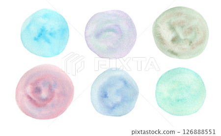 Playful set of textured bright granulated gradient blue, green, pink and purple watercolor painting round shapes. Hand painted watercolour circles for banner design, greeting cards, sticker design 126888551