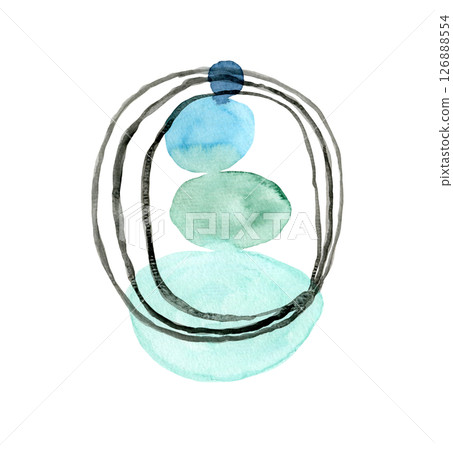 Abstract hand painting watercolor blue, turquoise and green geometric balance shapes and lines composition. Textured oval stones pyramid and black circles for spa social media design, harmony poster Abstract hand painting watercolor blue, turquoise and green geometric balance shapes and lines composition. Textured oval stones pyramid and black circles for spa social media design, harmony poster 126888554