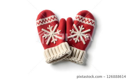 Woolen Mittens with Snowflake Patterns on White Background Woolen Mittens with Snowflake Patterns on White Background 126888614