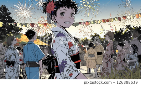 A lively festival night with festival stalls lined up 126888639