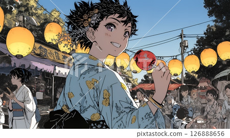 A lively festival night with festival stalls lined up A lively festival night with festival stalls lined up 126888656