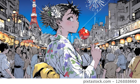 A lively festival night with festival stalls lined up 126888660